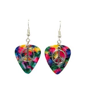 Peace Sign Symbol Charm on Guitar Pick Earrings - Choose Color - Handmade in USA
